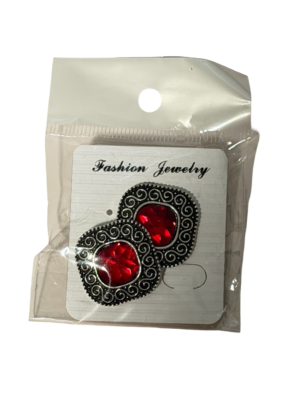 Silver Tone Red Crystal Scroll Earrings Glam Statement Jewelry